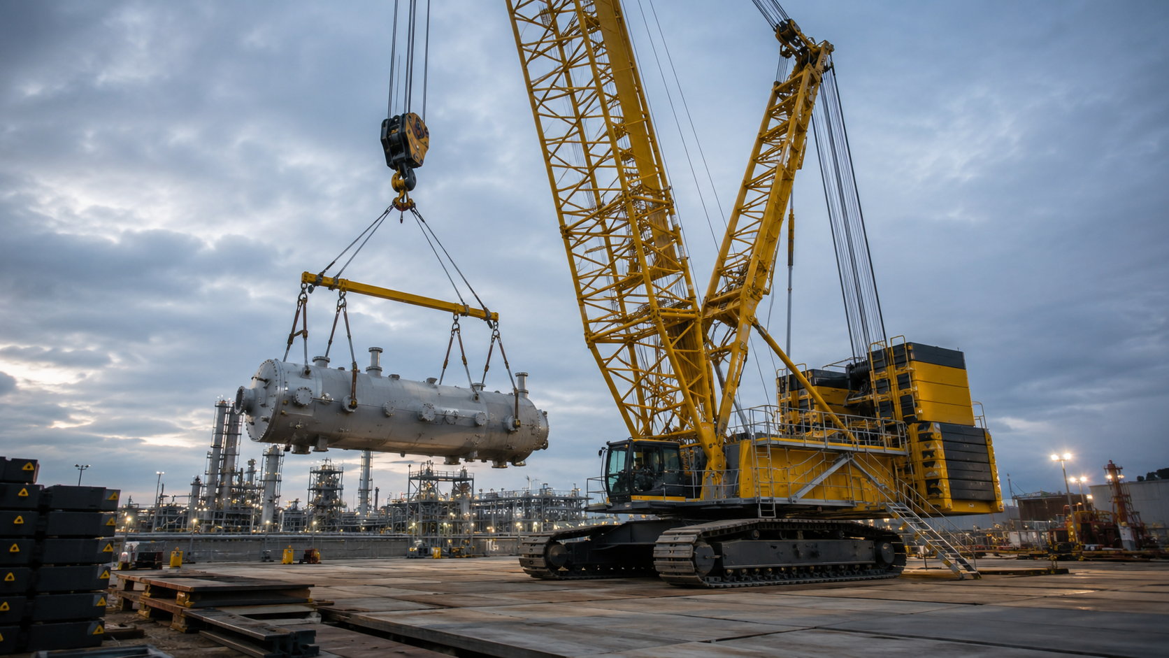 Large lattice-boom crawler crane on a heavy-lift industrial jobsite