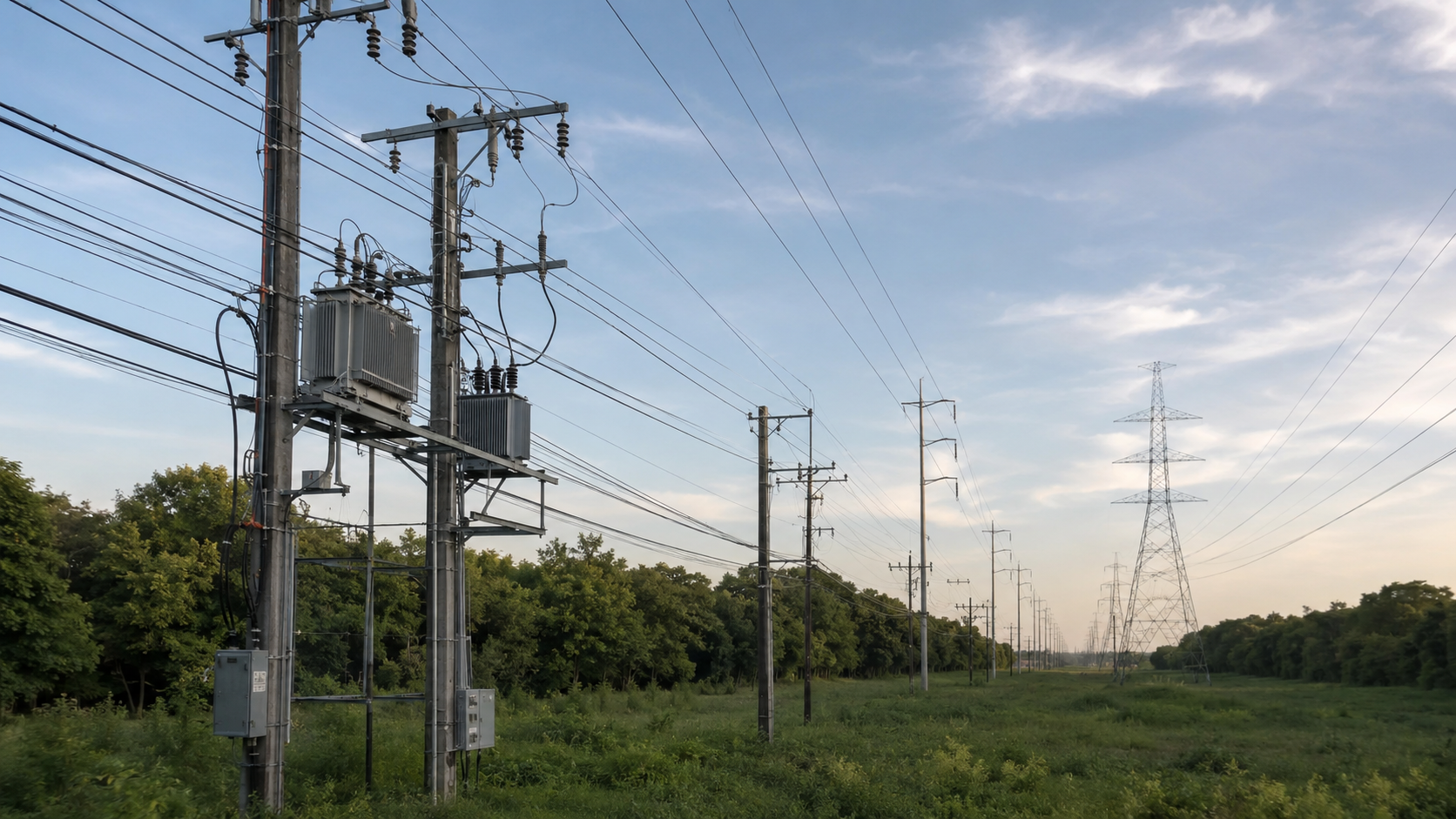 Electrical power distribution grid with overhead utility infrastructure